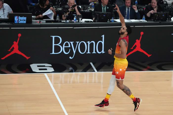 Jayson Tatum celebrates during the 2023 NBA All-Star Game.